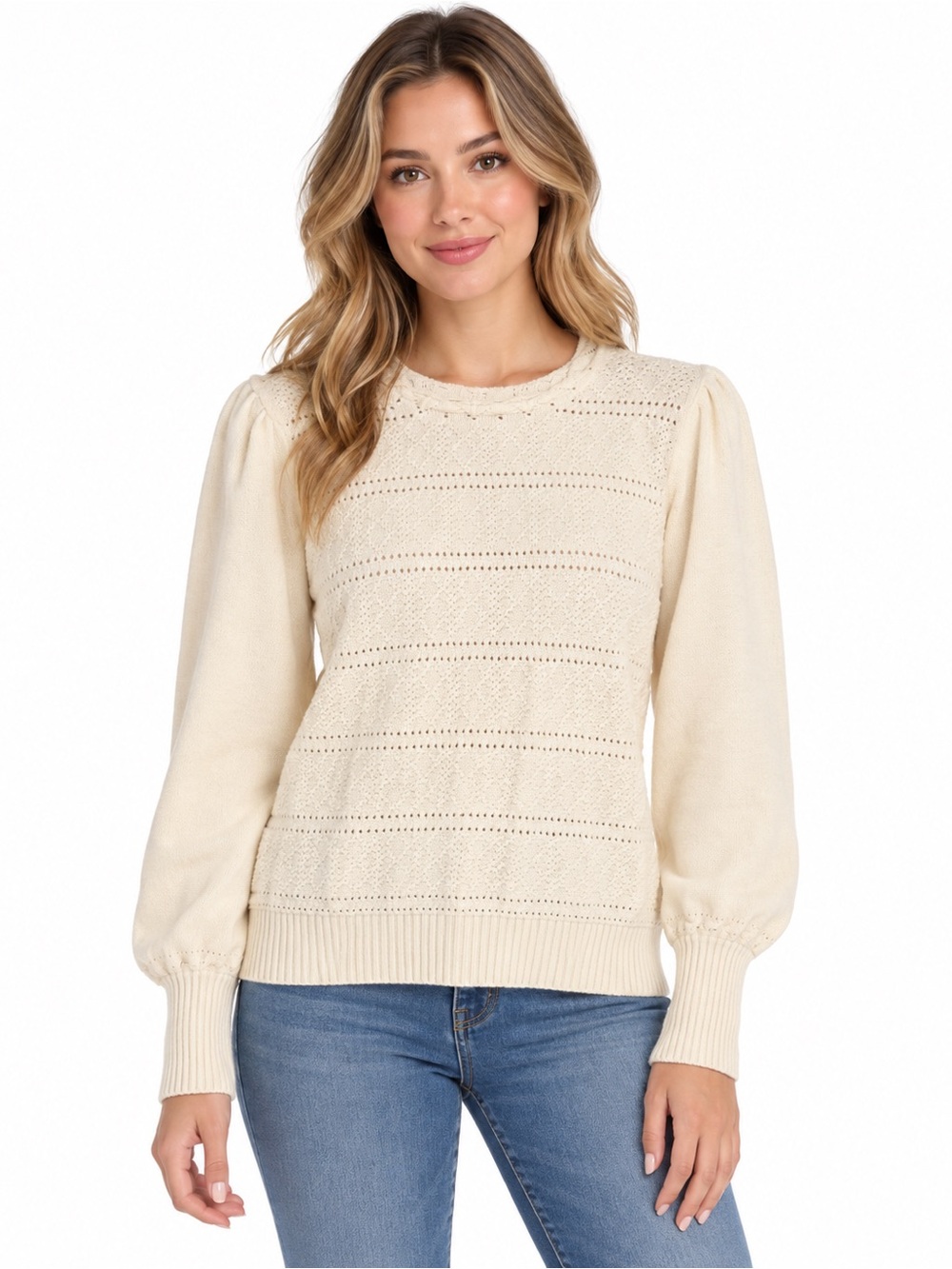 Cream Pointelle Knit Puff-Sleeve Sweater - 1098